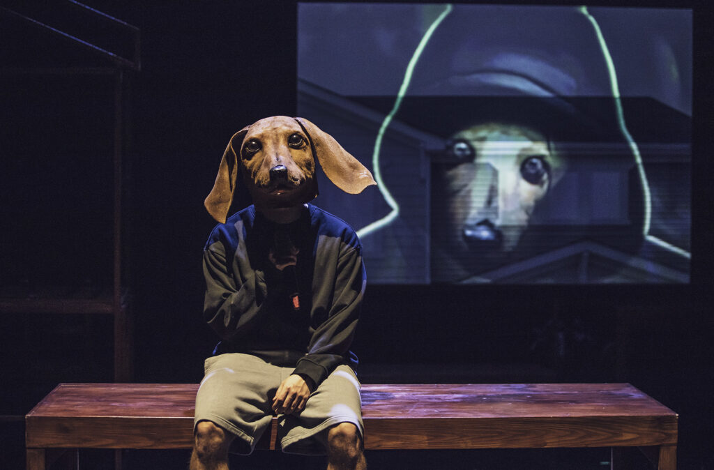 Zdjęcie ze spektaklu Kruk z Tower. Na stole siedzi aktor z głową psa. Za nim na ekranie wyświetlony jest ten sam pies w kapturze.
