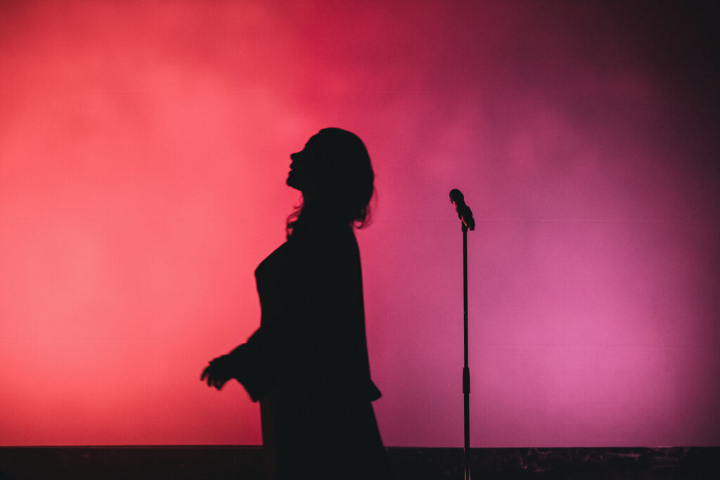 Zdjęcie ze spektaklu Głos ludzki/Piaf. Na czerwonym tle odbija się cień kobiety i mikrofonu.