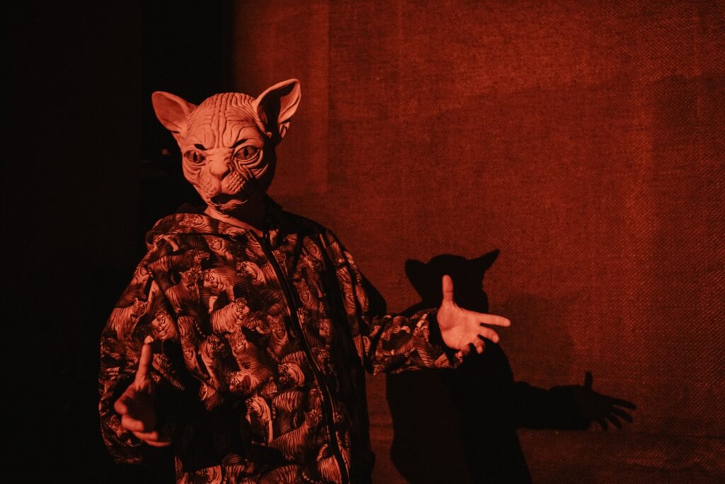 Zdjęcie ze spektaklu Mistrz i Małgorzata. Zdjęcie zabarwione na czerwono. Aktor w bluzie z wzorem tygrysów i głową kota. Rozkłada ręce. Na ścianie odbija się jego cień.