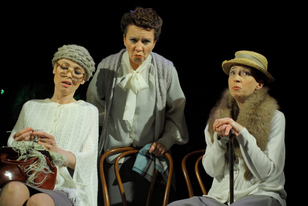 Zdjęcie ze spektaklu Wszystko o kobietach. Trzy aktorki jako starsze panie. Dwie siedzą: jedna z nich robi na drutach w okularach i czapce, druga w kapeluszu i szalu z lisa opiera się na lasce. Trzecia stoi na środku, wsparta o krzesło.