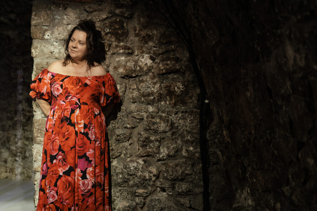Zdjęcie ze spektaklu Tramwaj zwany pożądaniem. Kobieta w średnim wieku opiera się o ścianę z kamieni. Uśmiecha się delikatnie. Ma długą sukienkę w kwiaty.