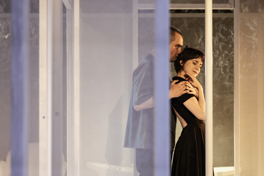 Zdjęcie ze spektaklu Tramwaj zwany pożądaniem. Za przezroczystą ścianą stoi bokiem mężczyzna i kobieta. Mężczyzna ma dłonie na jej ramionach i zbliża twarz do kobiety. Ona kładzie dłonie na jego dłoniach.