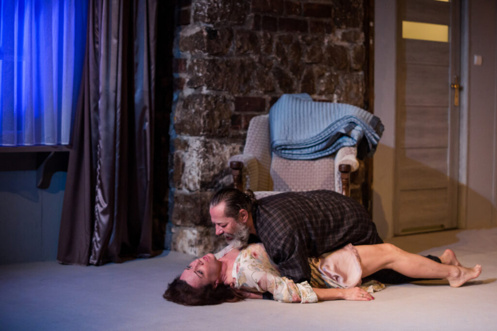 Zdjęcie ze spektaklu Via-gra. Aktorka w szlafroku leży na podłodze i otwiera usta. Na niej leży aktor w piżamie w kratkę. Aktor ma długą siwą brodę i włosy związane w koka. W tle jest fotel, okno i drzwi. Za drzwiami świeci się światło.