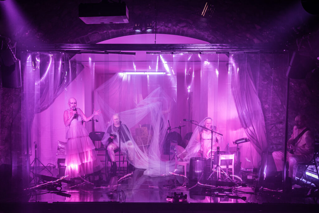 Zdjęcie ze spektaklu Saga rodu Szyców. Za kurtyną z pleksi są łysi aktorzy i aktorki. Aktorka w tiulowej sukni śpiewa do mikrofonu, aktor siedzi z grzechotką, przy bębnach jest aktorka w opasce. Są owinięci tiulem. Z boku jest aktor z gitarą.