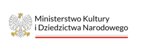 Logotyp - Białe tł, czarny napis Ministerstwo Kultury i Dziedzictwa Narodowego ułożony w dwóch wersach dolny podkreślony biało czerwonym paskiem. Z lewej strony godło narodowe.
