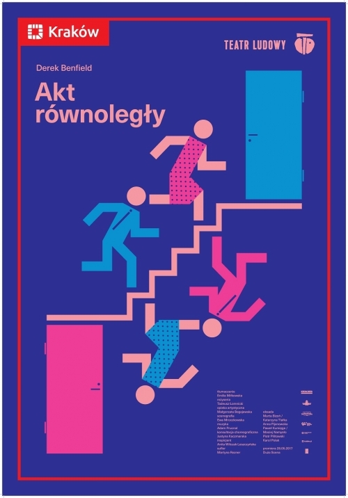 Plakat do spektaklu Akt równoległy. Druk pionowy z ramą będącą identyfikacją miejską, w lewym górnym rogu logo miasta Krakowa u dołu napis „Teatr Ludowy Instytucja Kultury Miasta Krakowa”. Pod napisem logotypy partnerów i sponsorów Teatru. Po środku plakatu grafika, granatowe tło, obrazek kobiety i mężczyzny wchodzących po schodach w kierunku drzwi. Obrazek w technice lustrzanego odbicia.