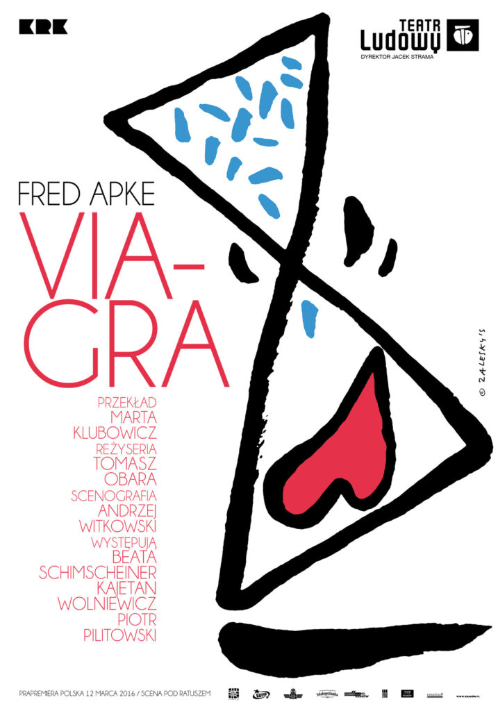 Plakat graficzny do spektaklu Via- gra. Białe tło po lewej stronie u góry logo miasta Krakowa z prawej strony logo Teatru. Poniżej na środku duży rysunek graficzny klepsydry - w górnej jej części niebieskie kropki w dolnej czerwone serce. Obok klepsydry spis twórców i obsady. Na dole plakatu logotypy partnerów.