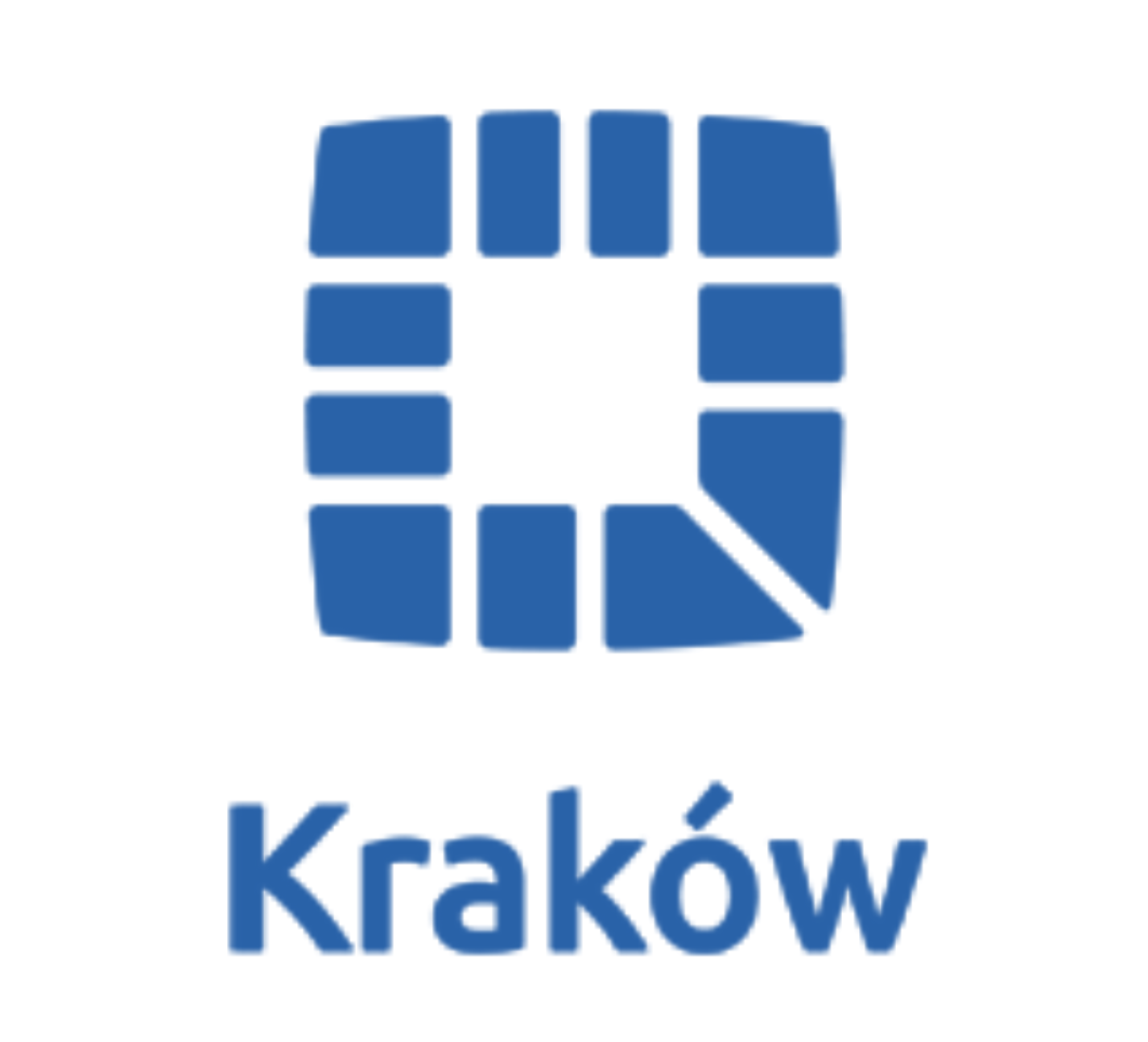Logotyp - Białe tło, niebieski napis Kraków nad nim znak ikony identyfikacji miejskiej