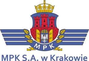 Logotyp - Duży znak graficzny identyfikacyjny, godło miasta z niebieskimi pasami. Granatowy napis MPK s. a. w Krakowie
