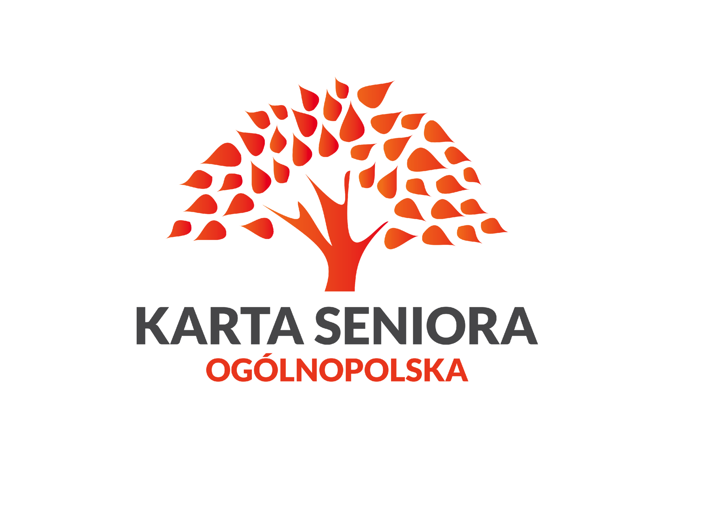 Logotyp - Białe tło, dwa rzędy napisu czarny karta seniora i czerwony ogólnopolska. Nad napisem znak identyfikacyjny drzewo.