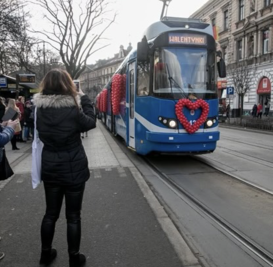 Przystanek tramwajowy na który podjeżdża tramwaj ozdobiony balonikami w kształcie serca. Ludzie w około robią zdjęcia.