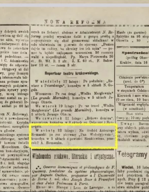 Zdjęcie starej gazety z informacją w żółtej ramce o pierwszej premierze Pana Wołodyjowskiego w 1889 roku.