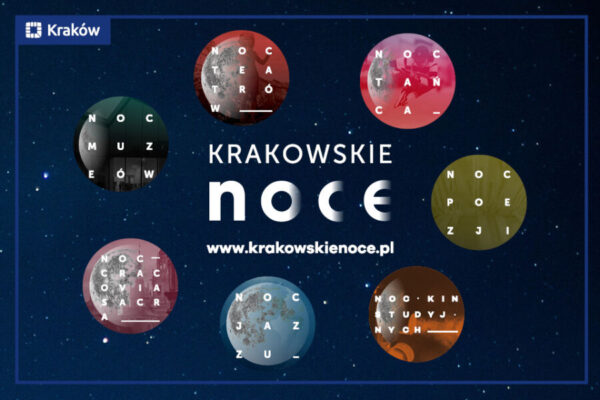 Baner organizacyjny Krakowskie Noce. Kolorowe kule z napisami .